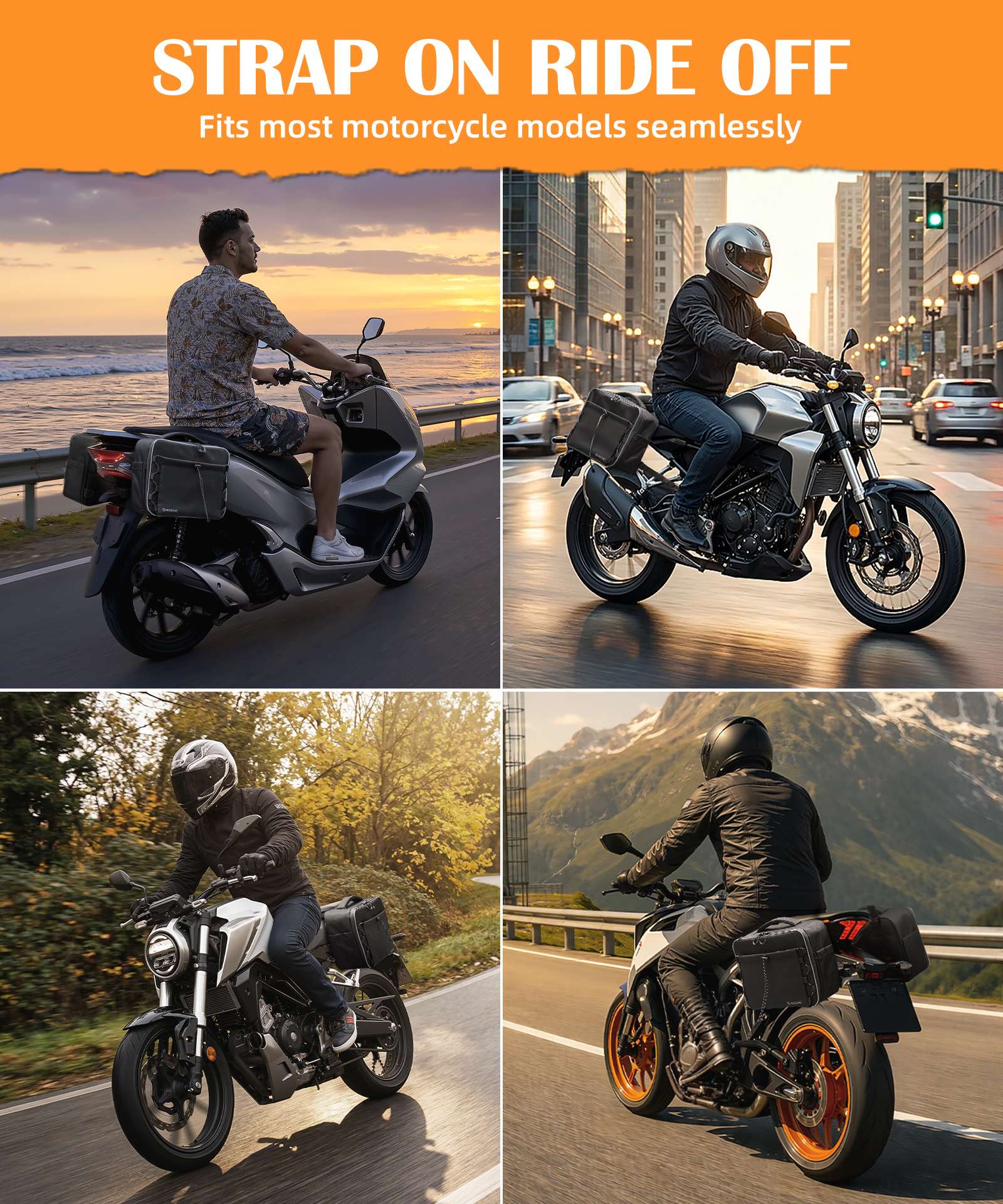 30L Convertible Motorcycle Saddlebags with Tool-Free Strap Mount