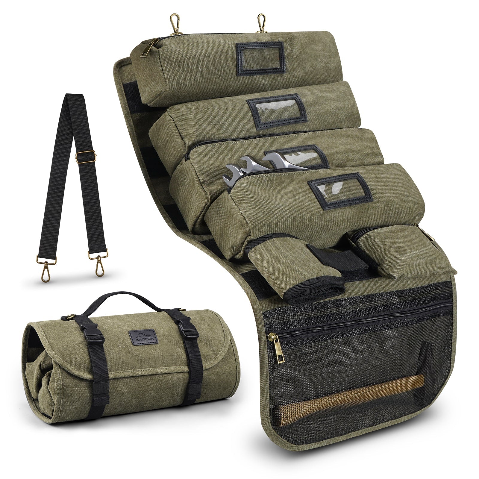 ARCFOX Vintage Canvas Roll Up Tool Bag Organizer w/ Removable Large Pouches For Mechanic Electrician