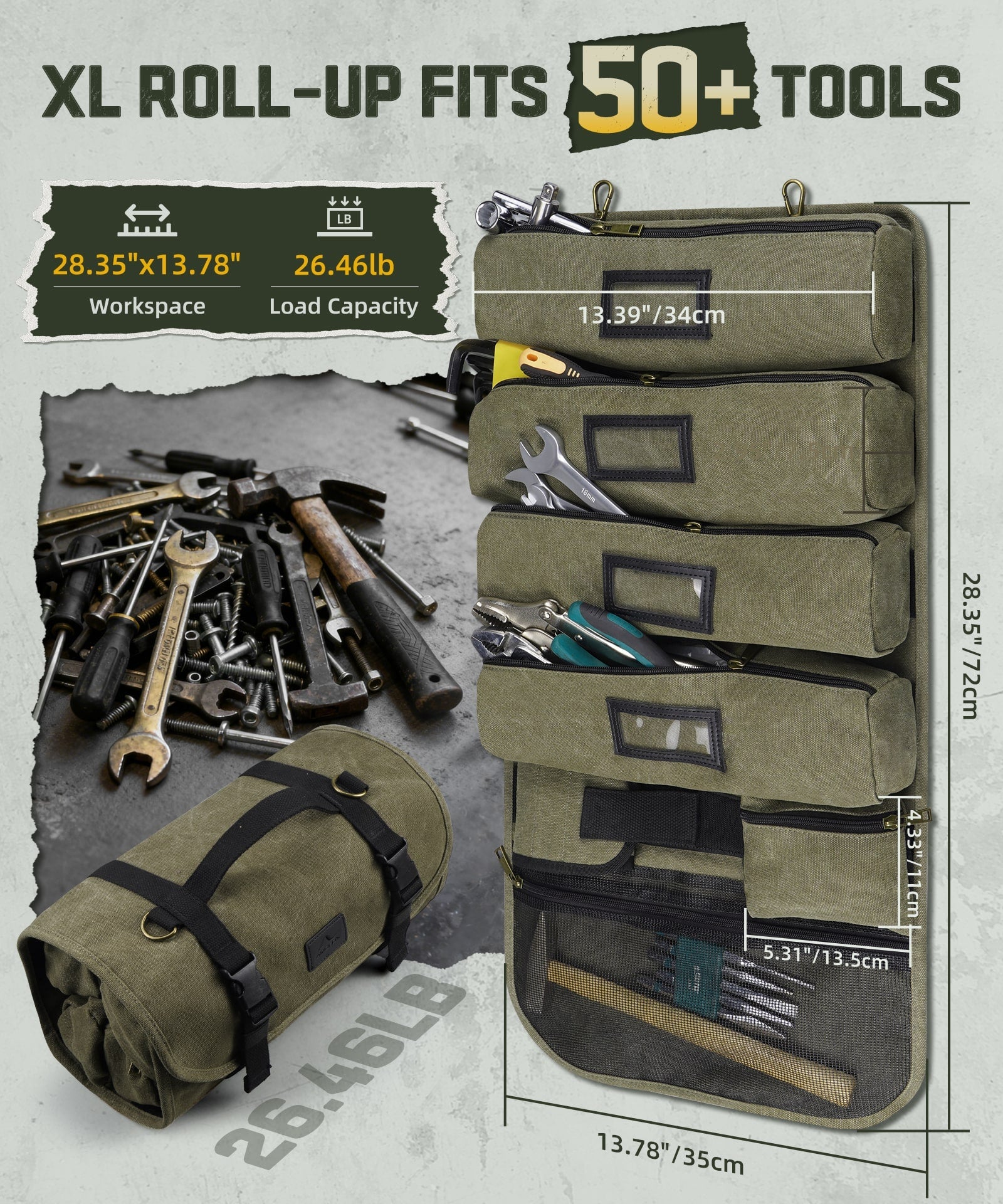 ARCFOX Vintage Canvas Roll Up Tool Bag Organizer w/ Removable Large Pouches For Mechanic Electrician