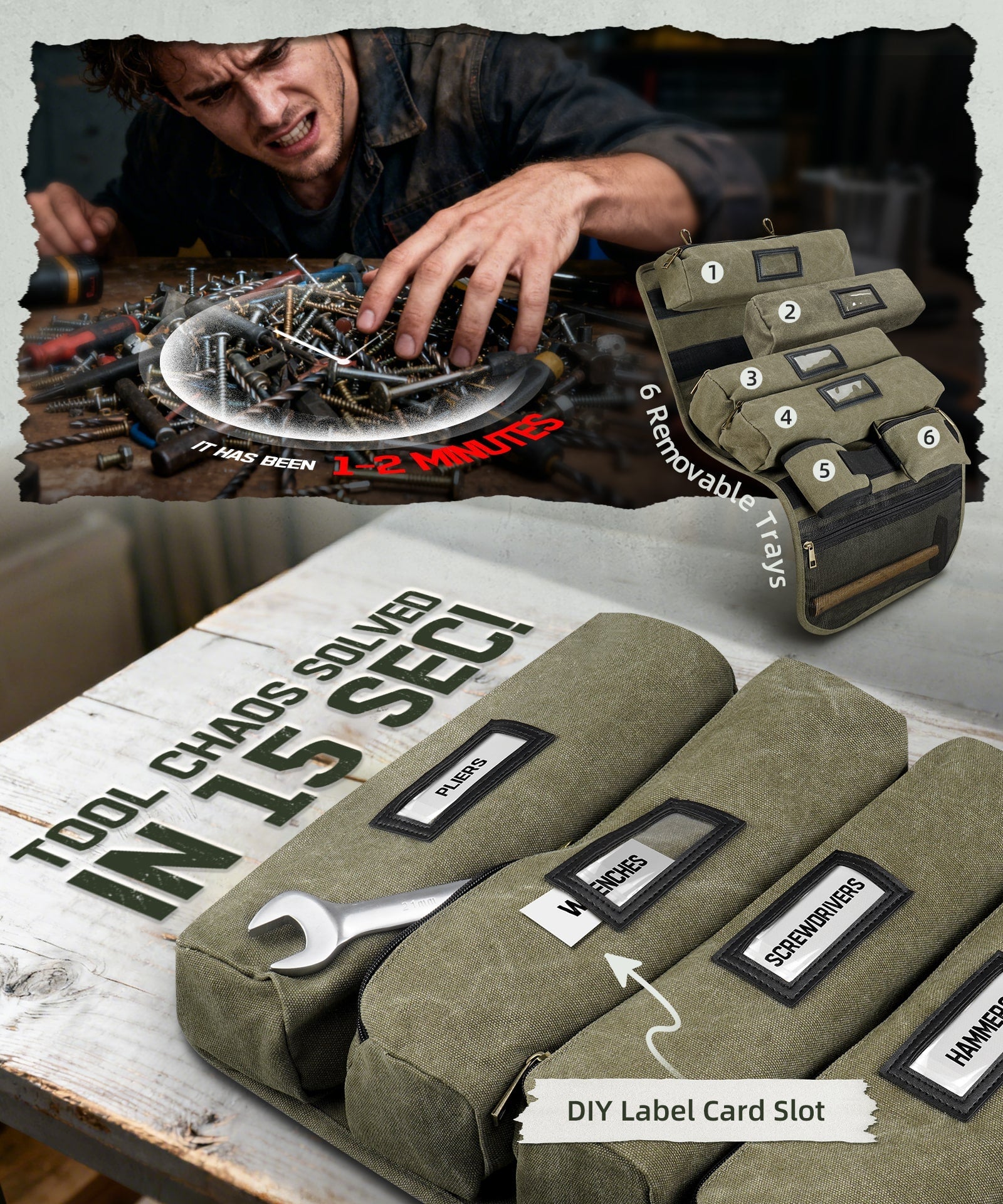 ARCFOX Vintage Canvas Roll Up Tool Bag Organizer w/ Removable Large Pouches For Mechanic Electrician