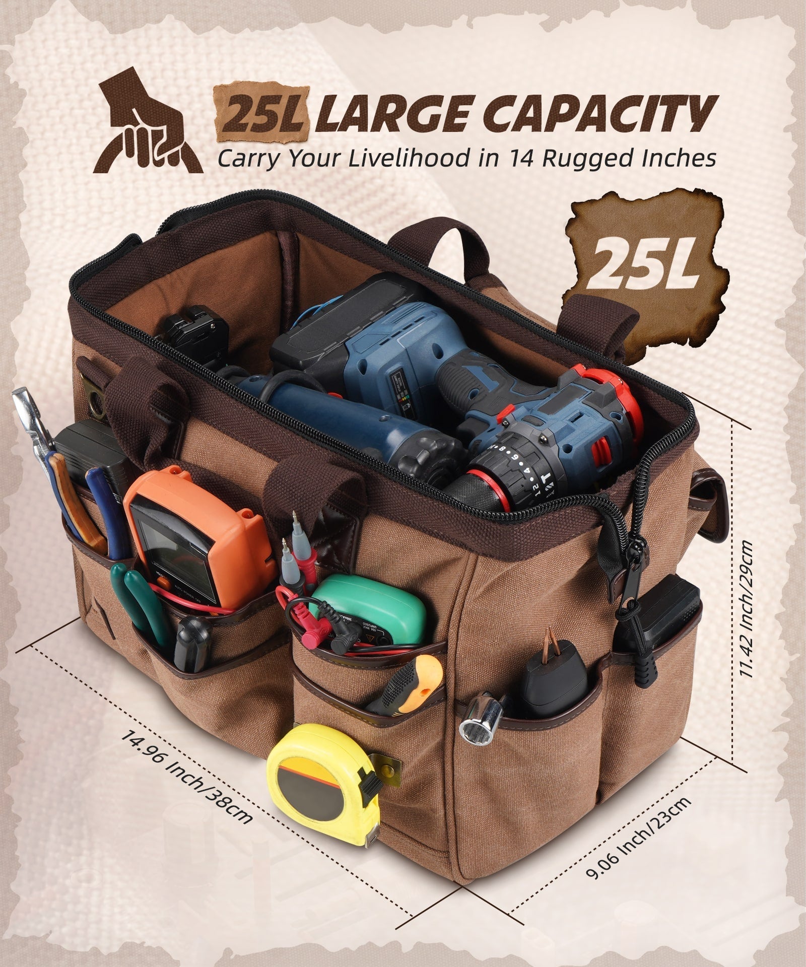 ARCFOX Canvas 25L 21-Pockets Tool Bag For Electrician Mechanic Carpenter Construction