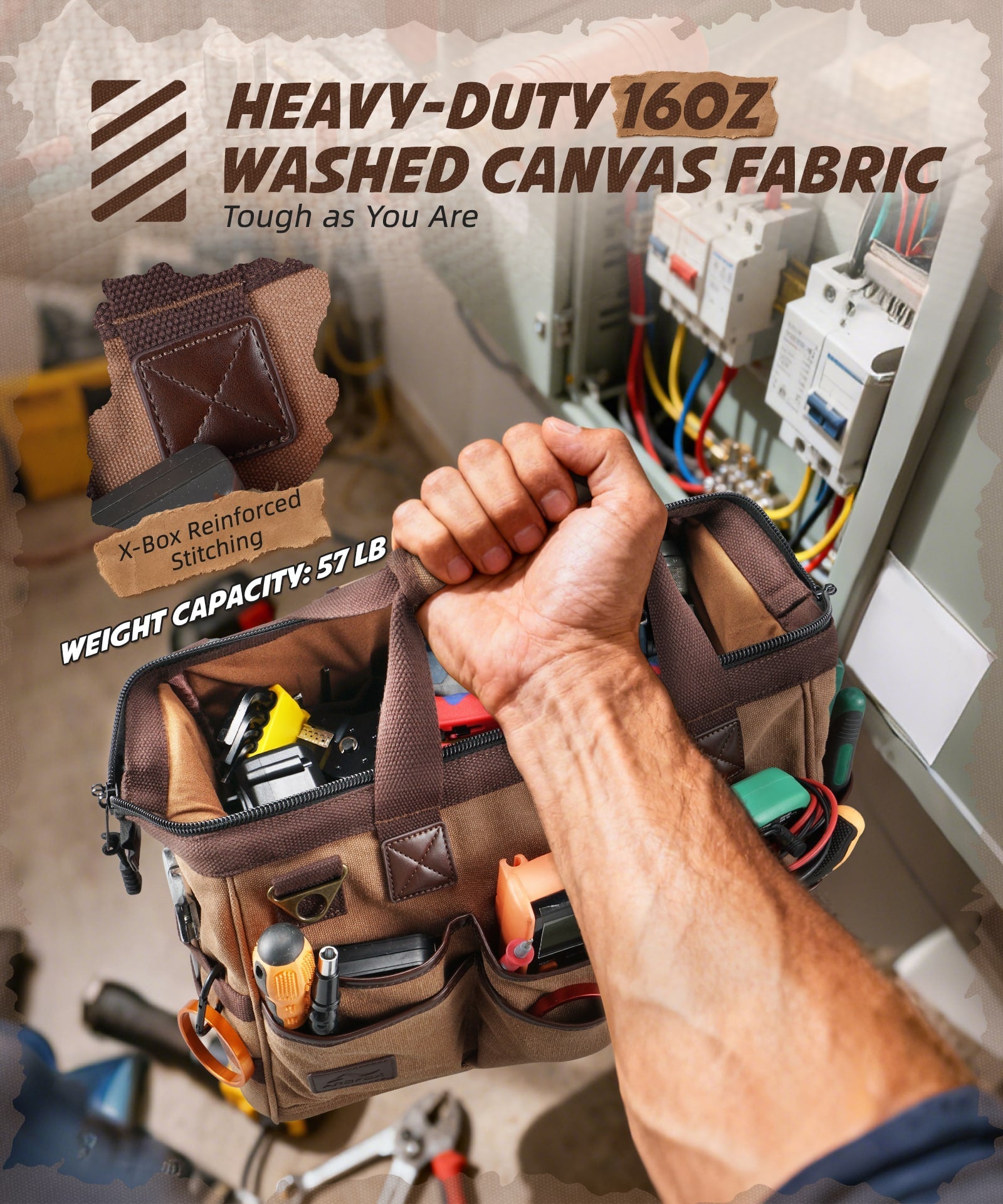 ARCFOX Canvas 25L 21-Pockets Tool Bag For Electrician Mechanic Carpenter Construction
