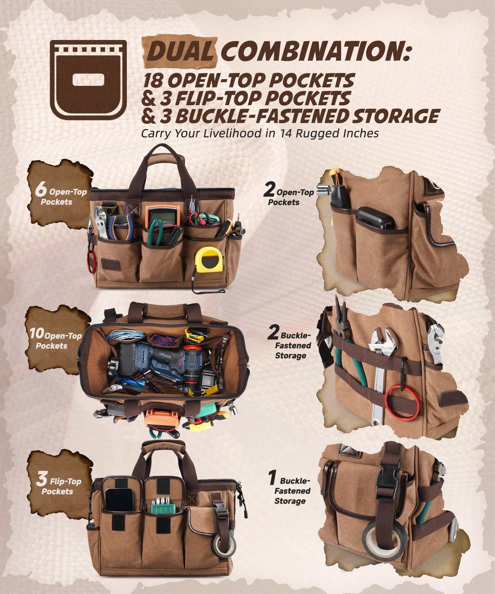 ARCFOX Canvas 25L 21-Pockets Tool Bag For Electrician Mechanic Carpenter Construction