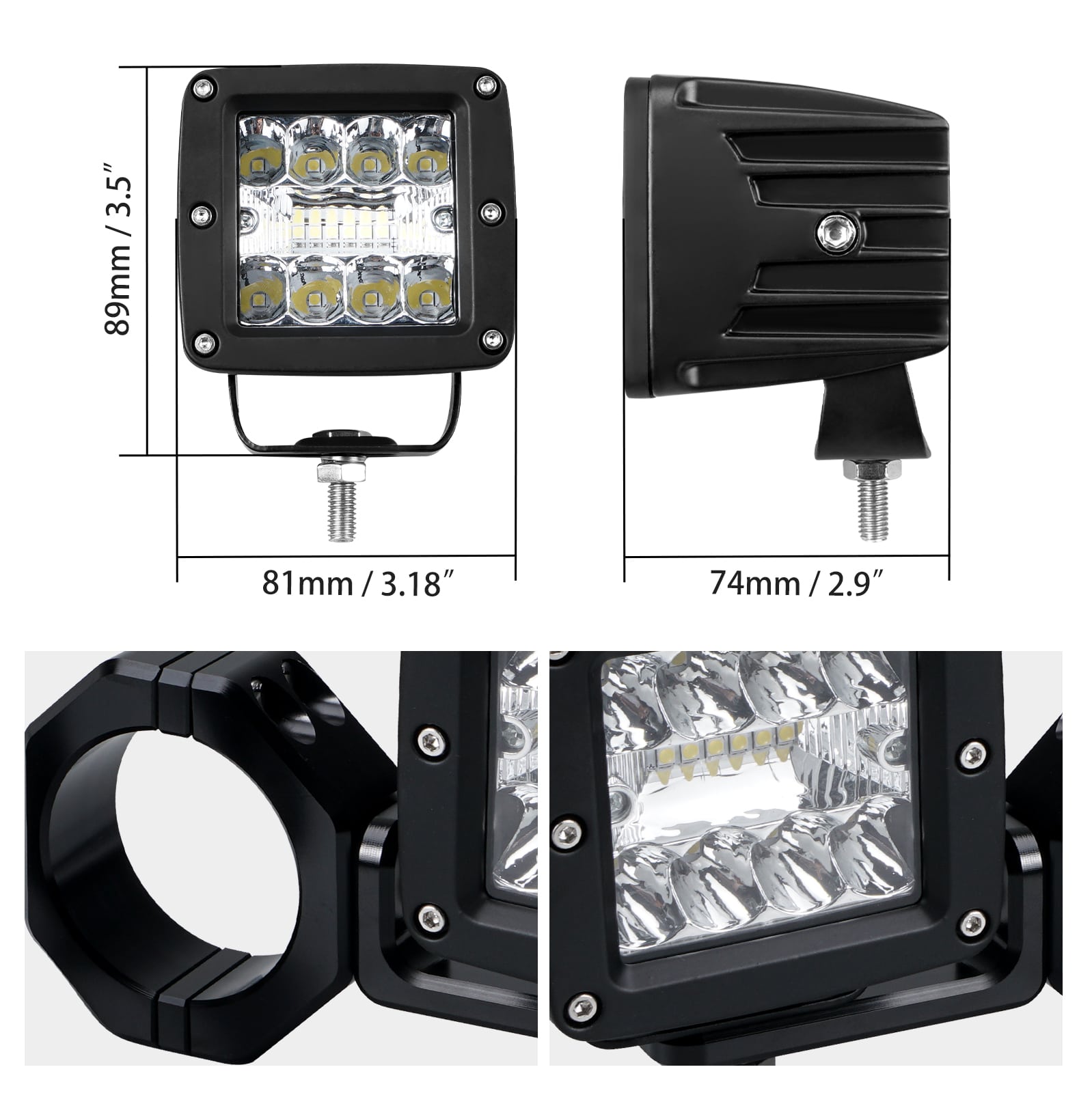 UTV Backup Rear Pillar LED Work Lights w/Brackets For Polaris RZR XP 1000 Turbo