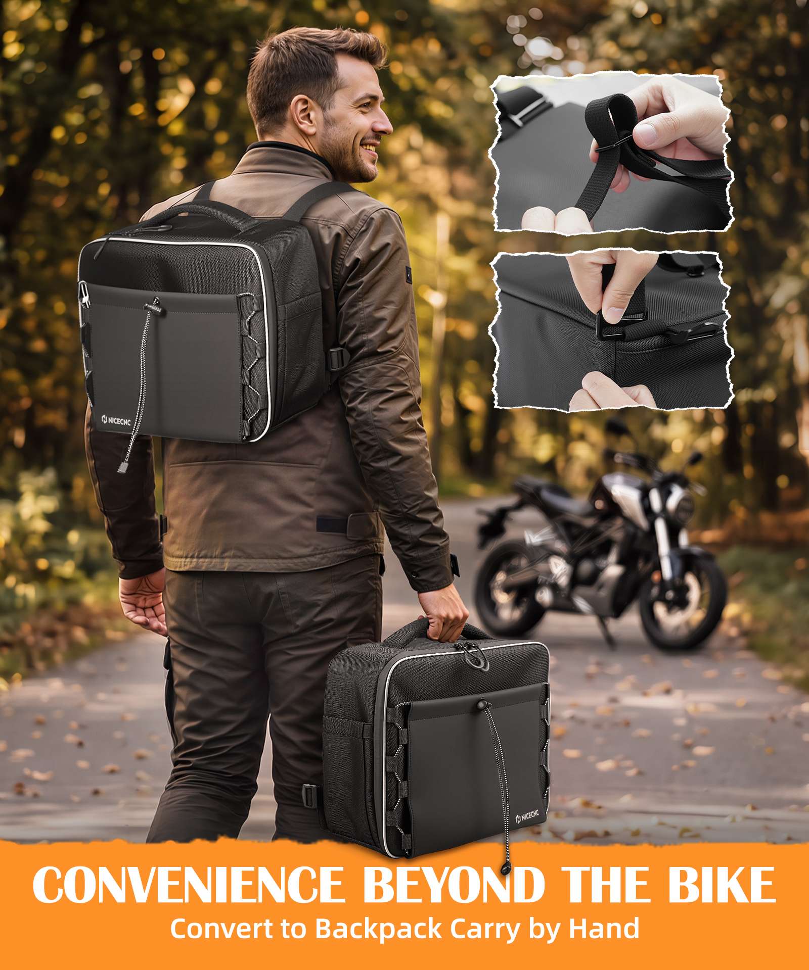 30L Convertible Motorcycle Saddlebags with Tool-Free Strap Mount