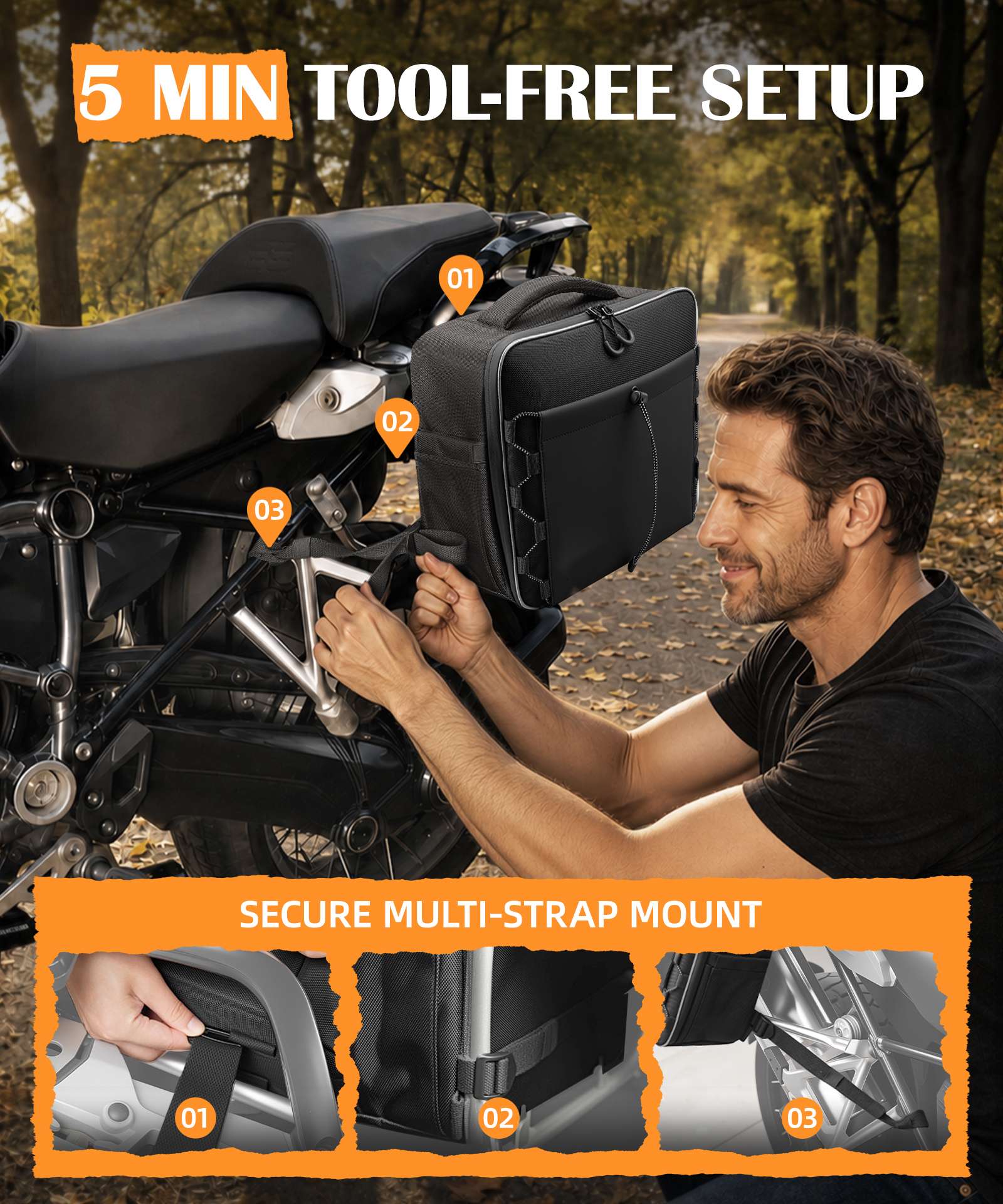 30L Convertible Motorcycle Saddlebags with Tool-Free Strap Mount