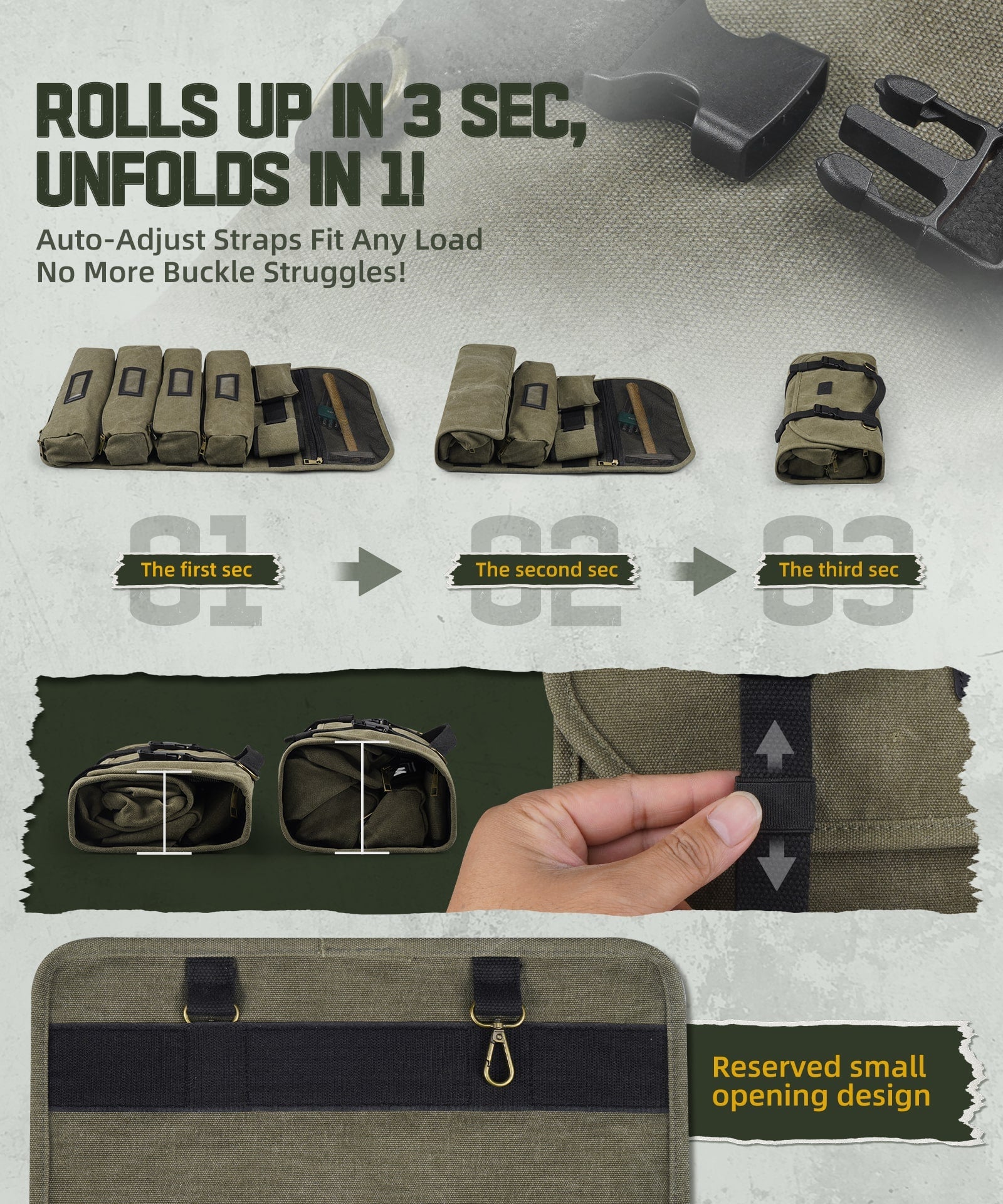 ARCFOX Vintage Canvas Roll Up Tool Bag Organizer w/ Removable Large Pouches For Mechanic Electrician