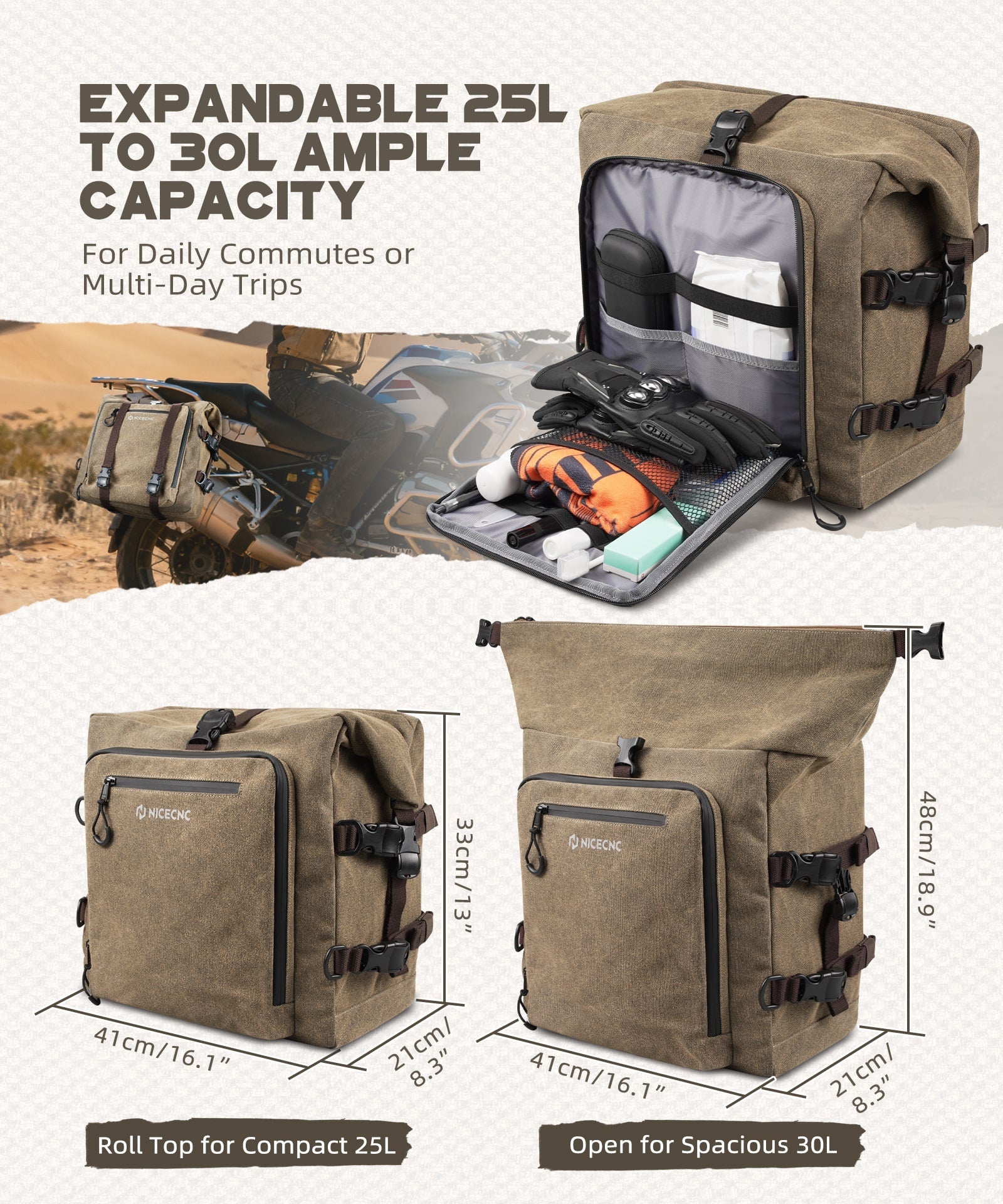 Cotton Canvas 30L Motorcycle Rear Luggage Pannier Rack Saddle Bag Waterproof